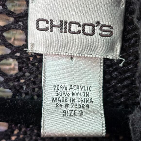 Chicos Crochet Knit Cardigan Sweater Women Large Black Bohemian Neutral Coquette - Picture 3 of 10